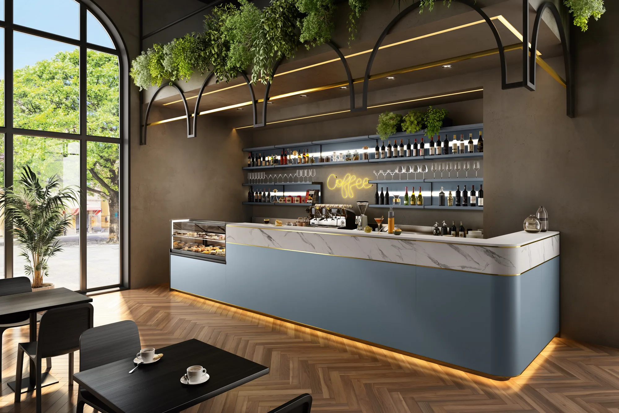 Banco bar Eclipse SIFA con frontale blu petrolio e piano in marmo, retrobanco a mensole