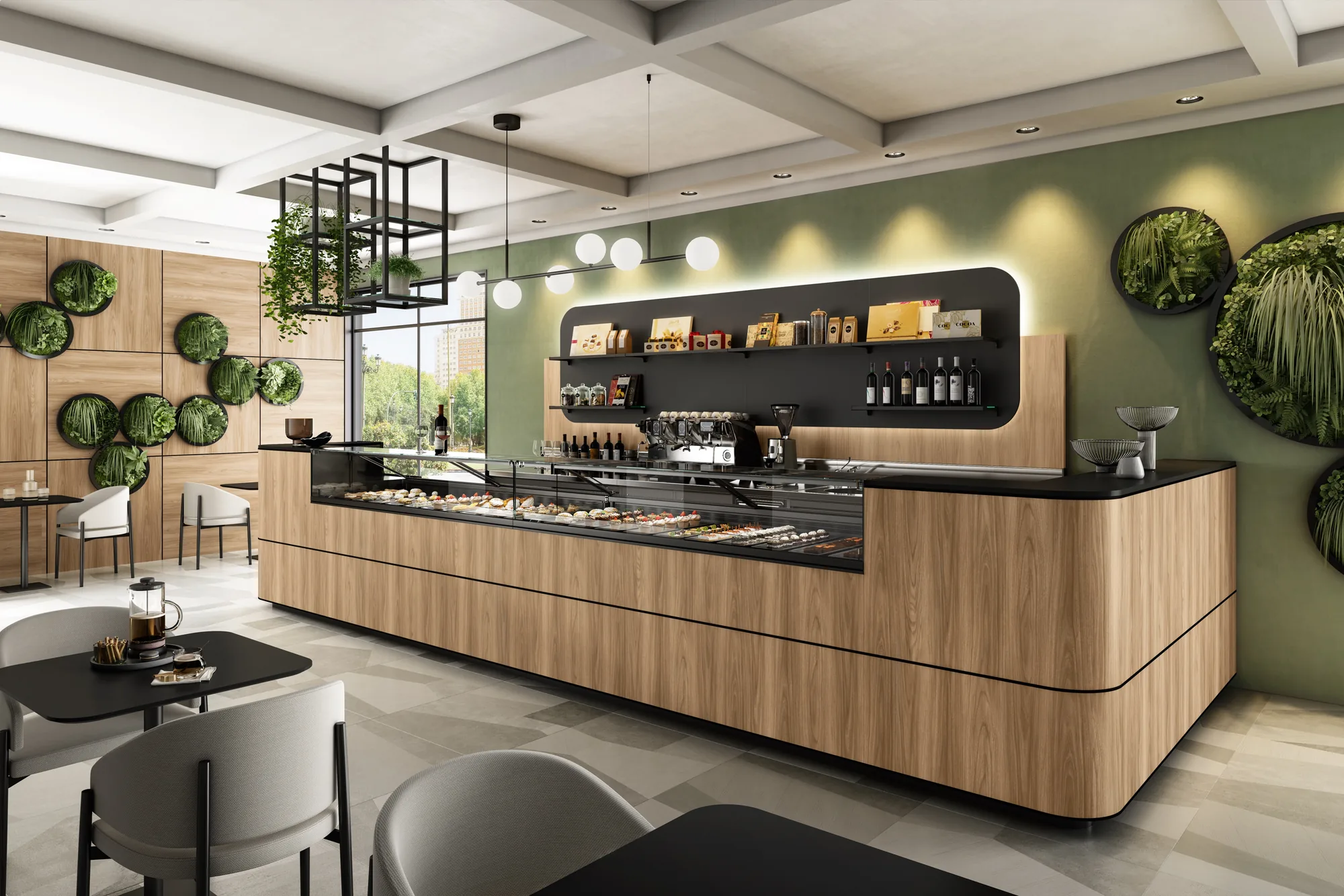 Banco bar Eclipse SIFA in legno chiaro con top nero in una caffetteria dalle pareti verde salvia