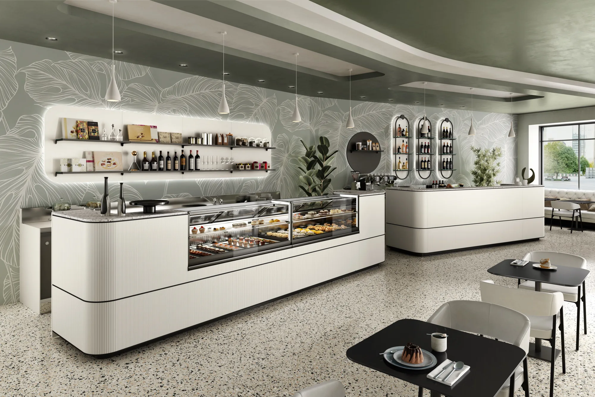 Banco bar Eclipse SIFA bianco laccato con vetrina pasticceria e angoli tondi
