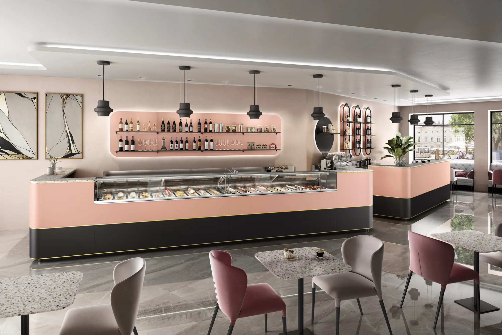 Banco bar Eclipse SIFA rosa cipria con vetrina refrigerata e sedute bordeaux