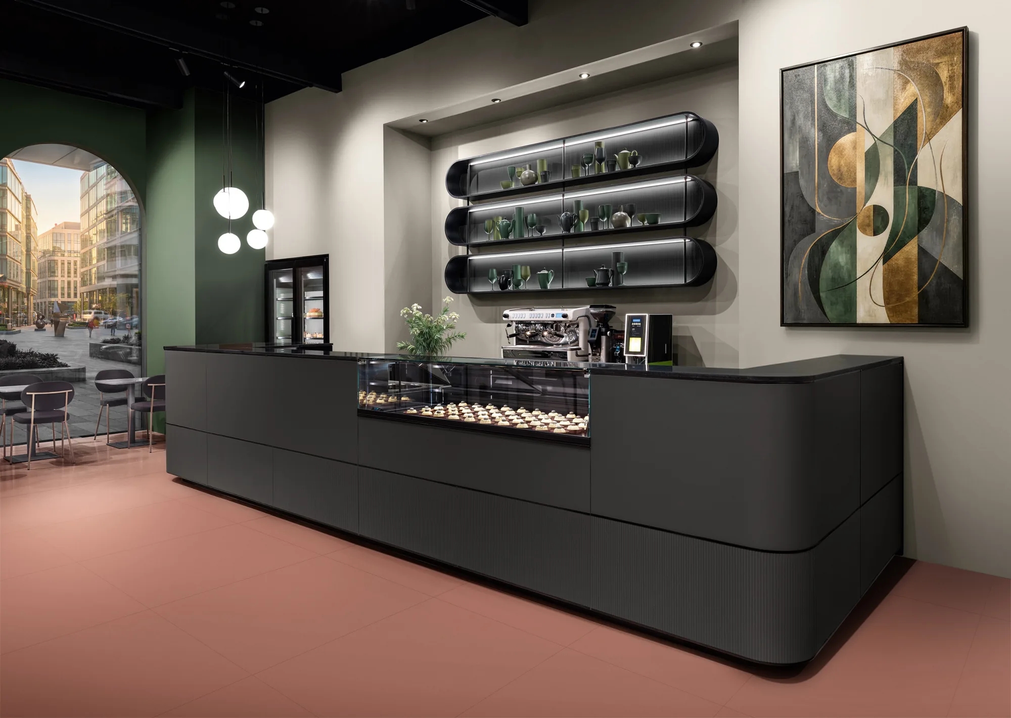 Banco bar Eclipse SIFA nero opaco con retrobanco a moduli circolari