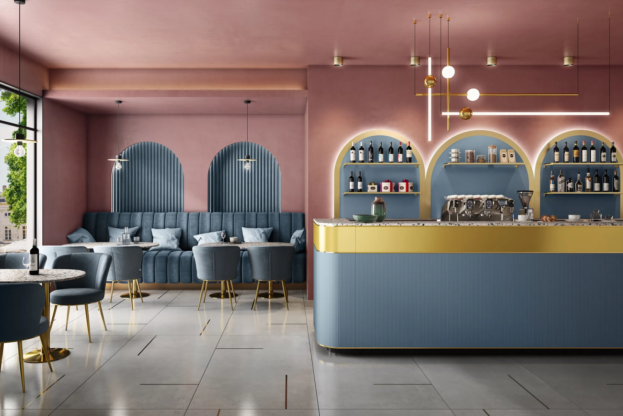 Banco bar Eclipse SIFA azzurro polvere e giallo con retrobanco ad arcate