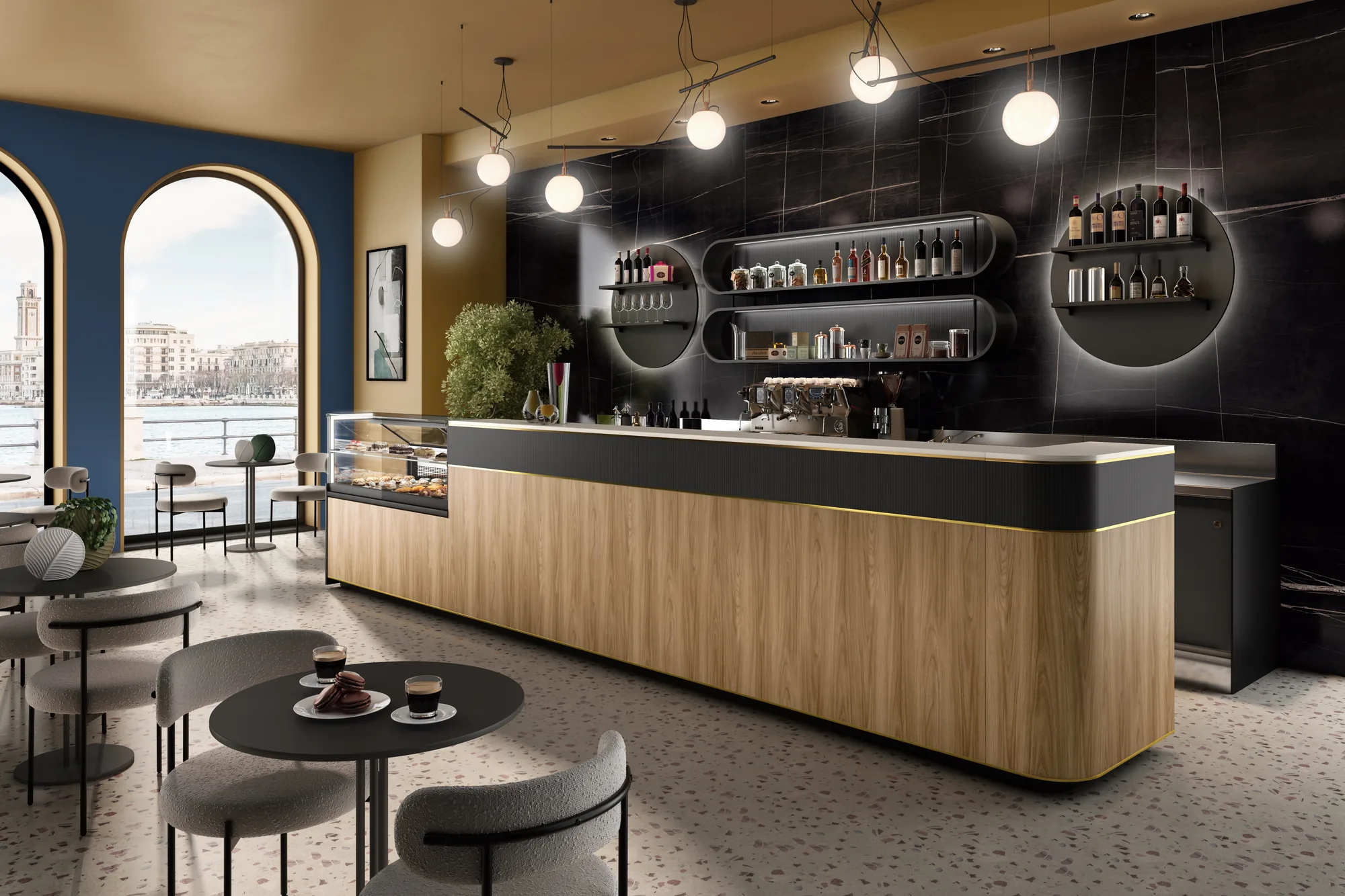 Banco bar Eclipse SIFA in legno chiaro con retrobanco nero e archi retroilluminati