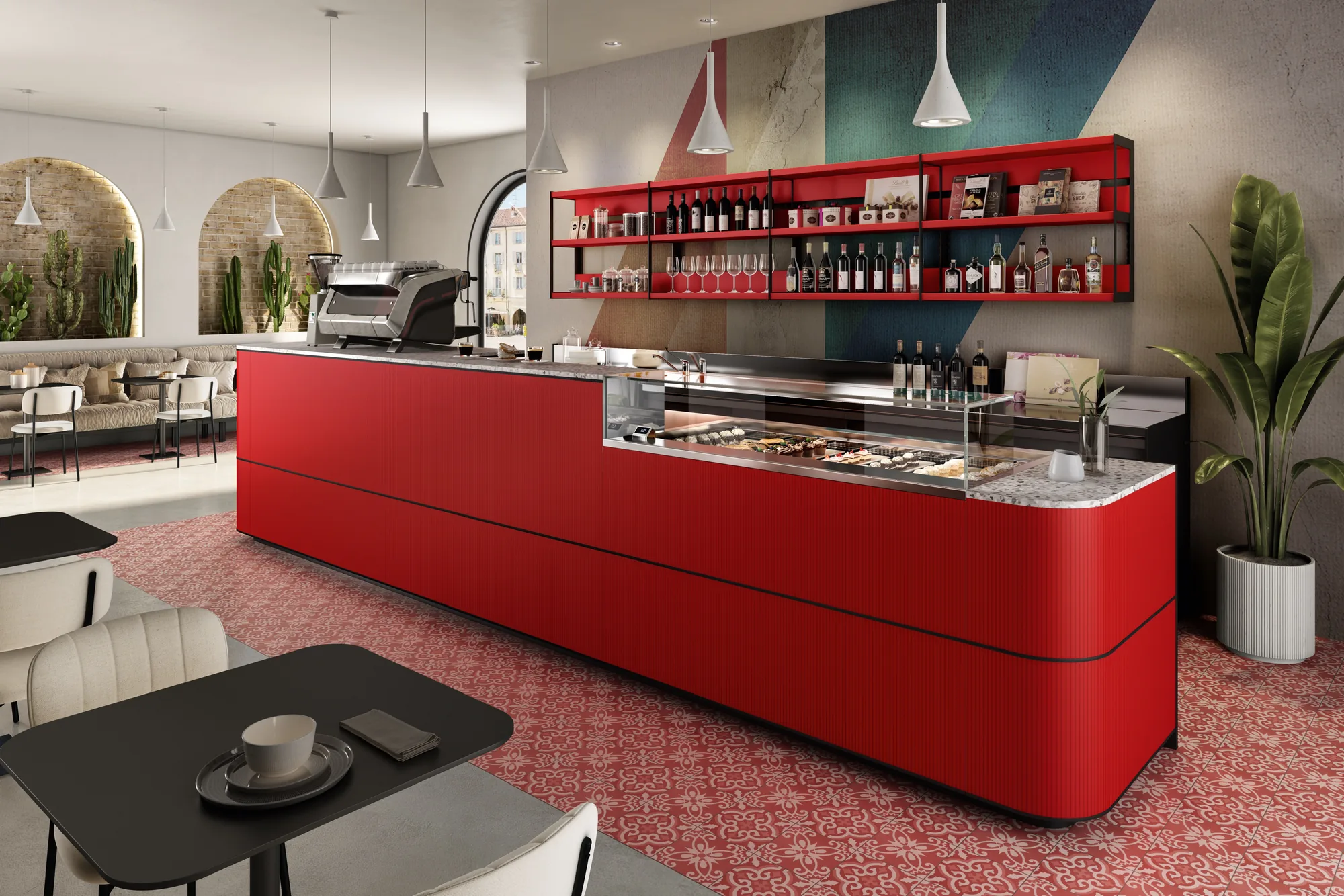 Banco bar Eclipse SIFA rosso laccato con vetrina e mensole coordinate