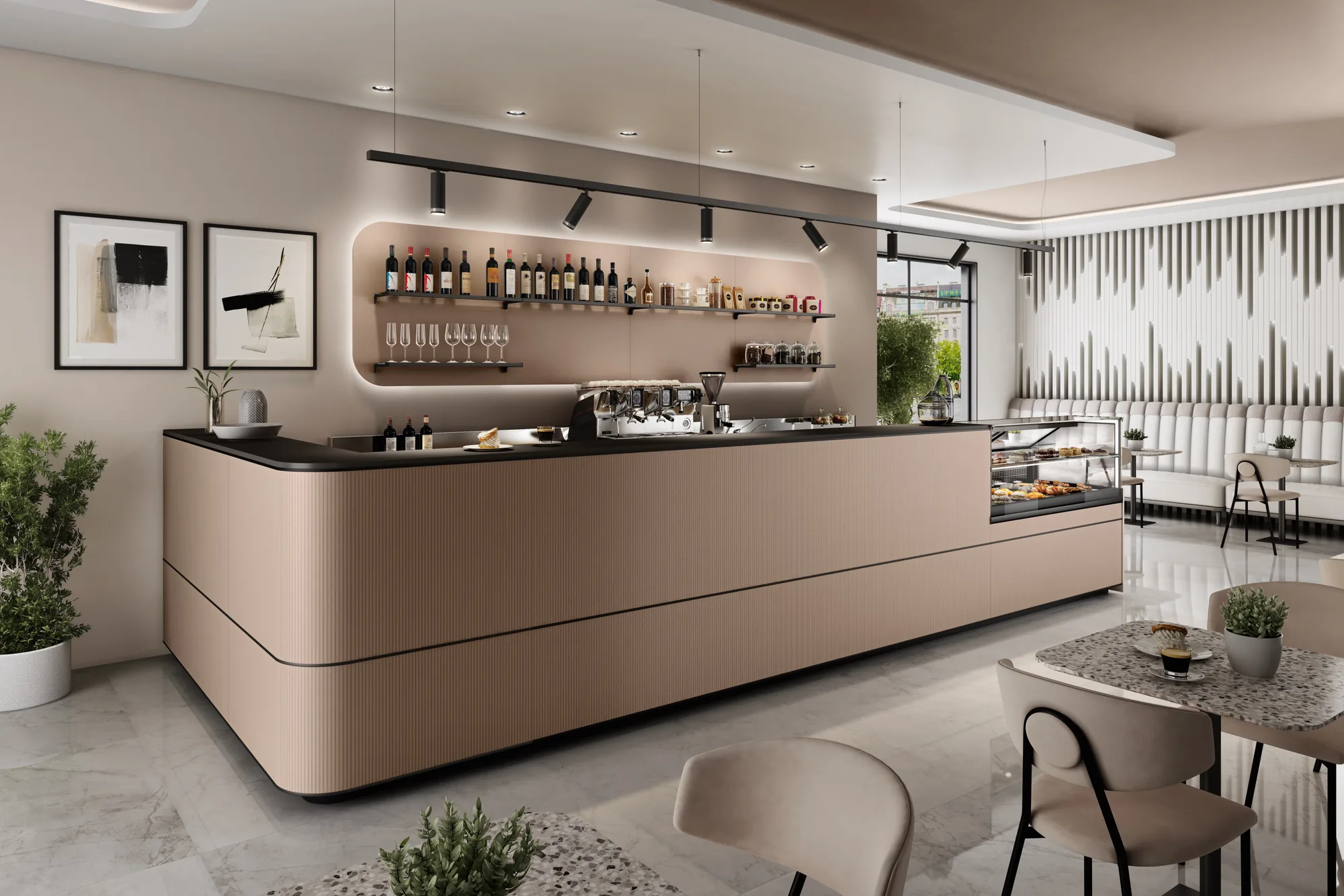 Banco bar Eclipse SIFA tortora con angoli tondi in una sala luminosa